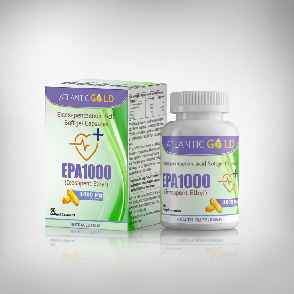 Atlantic Gold's EPA 1000 - Eicosapenaenoic acid (icosapent ethyl) capsules for heart health box