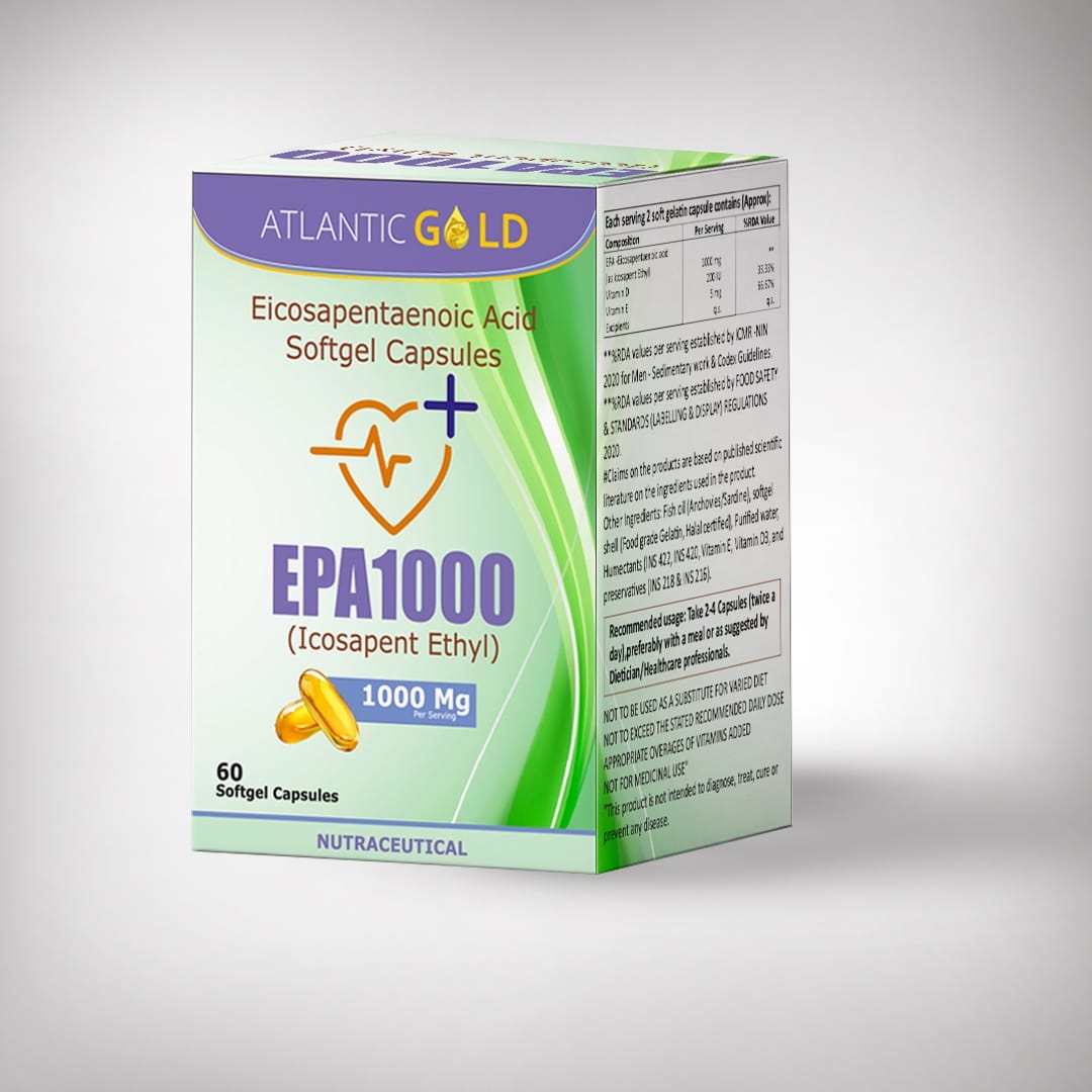 Atlantic Gold's EPA 1000 - Eicosapenaenoic acid (icosapent ethyl) capsules for heart health carton