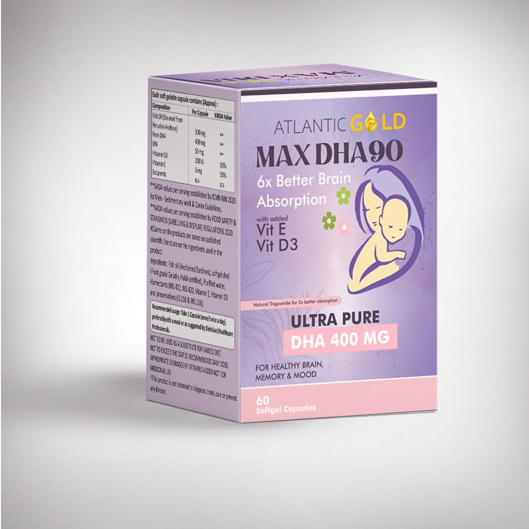 Atlantic Gold's Max DHA90 capsules for brain and eye health box pack