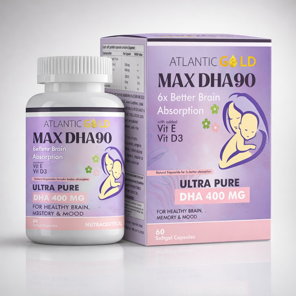 Atlantic Gold's Max DHA90 capsules for brain and eye health pack