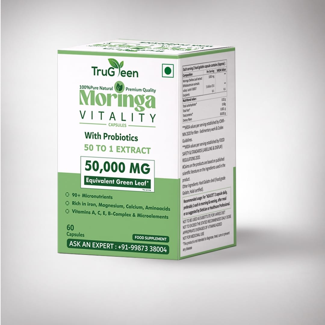 Trugreen's Moringa Vitality capsules for energy and immunity boosting-box pack