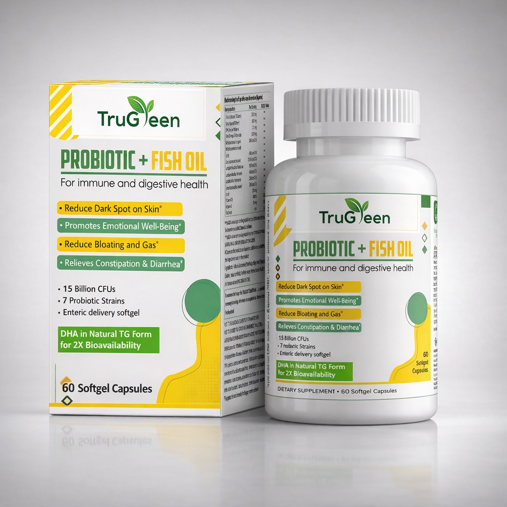 TruGreen's Probiotic with Omega-3 for IBS and gut health support with enteric release box pack