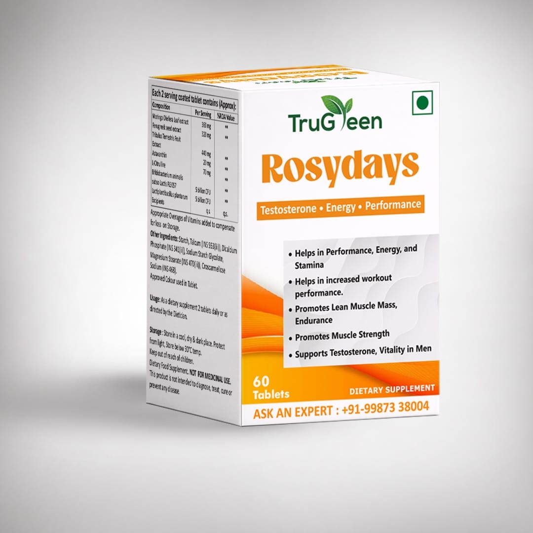 TruGreen's Rosydays testosterone booster-tirbulus, Moringa and fenugreek energy tablets box